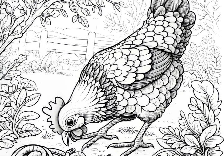 Pollo picoteando un gusano: plantilla para colorear para descargar (gratis)