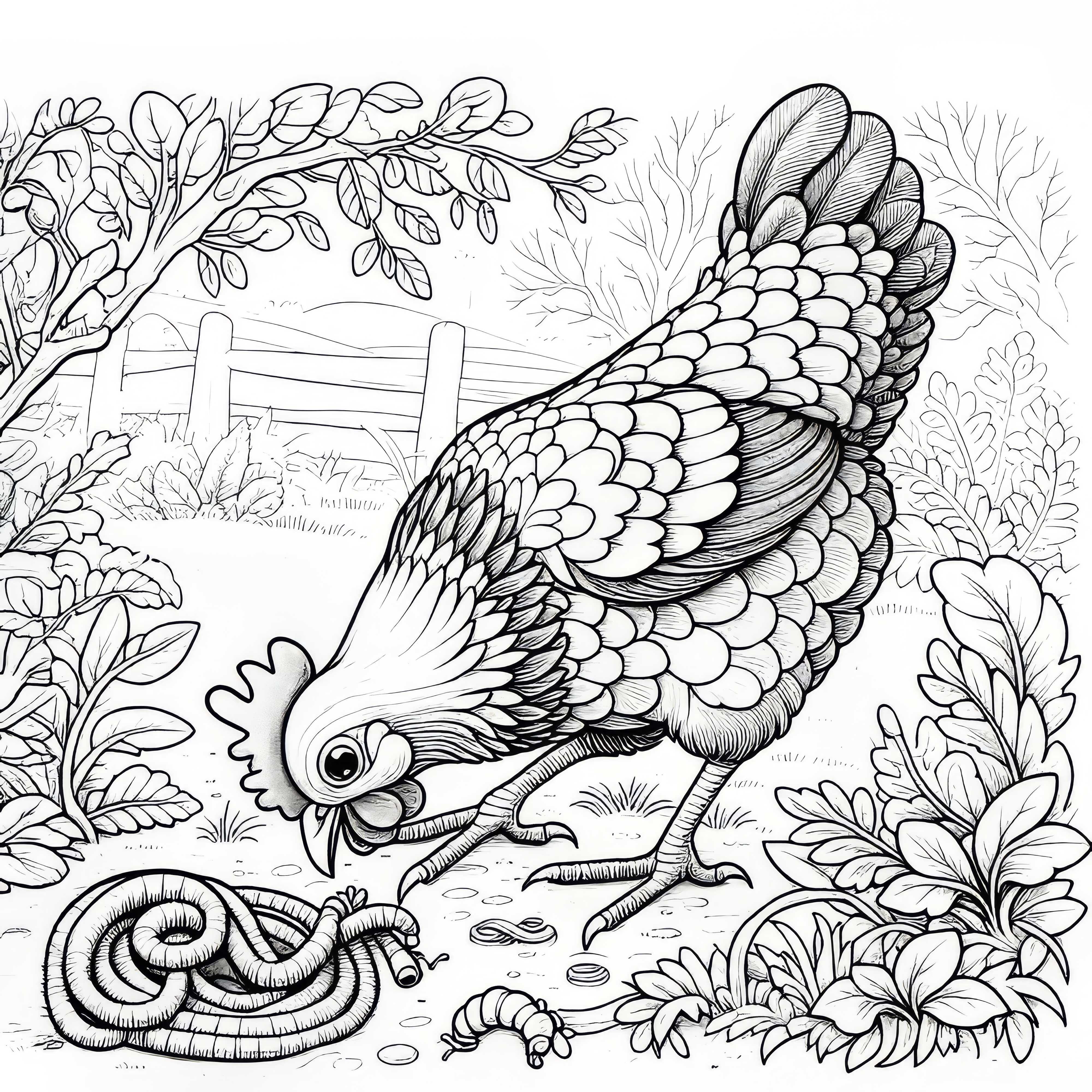 El pollo pica un gusano: Plantilla para colorear para descargar (Gratis)