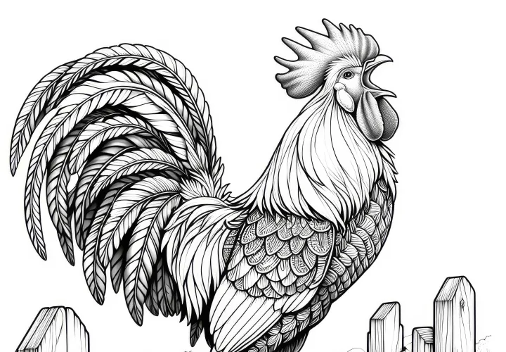 El gallo orgulloso canta: Imagen para colorear realista (Gratis)