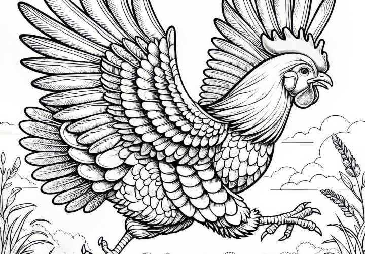 El gallo corre emocionado con las alas aleteando por el corral: Plantilla de coloring gratuita El pollo corre emocionado con las alas aleteando por el patio: Plantilla de colorear gratuita
