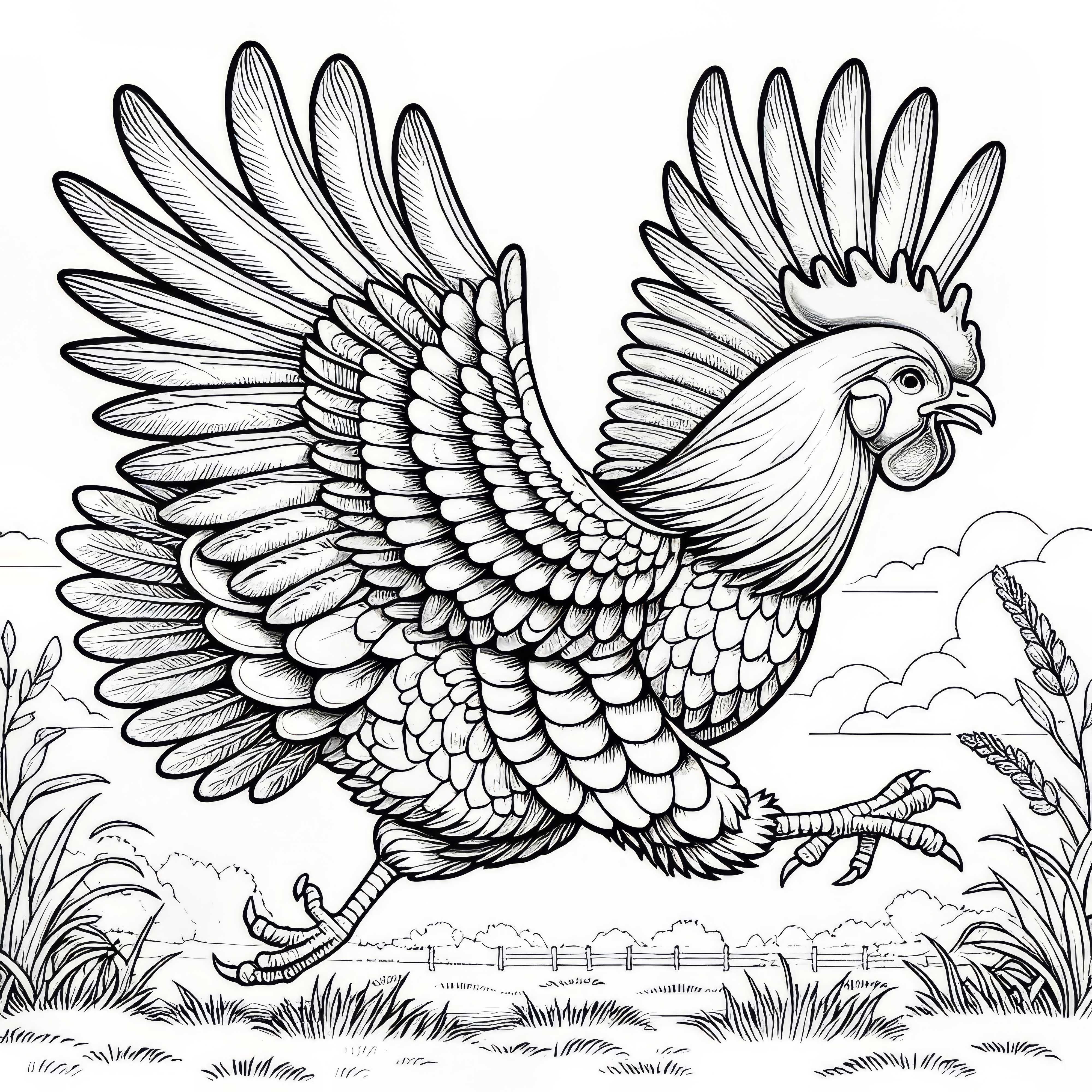 El gallo corre emocionado con las alas aleteando por el patio: Plantilla de dibujo gratis