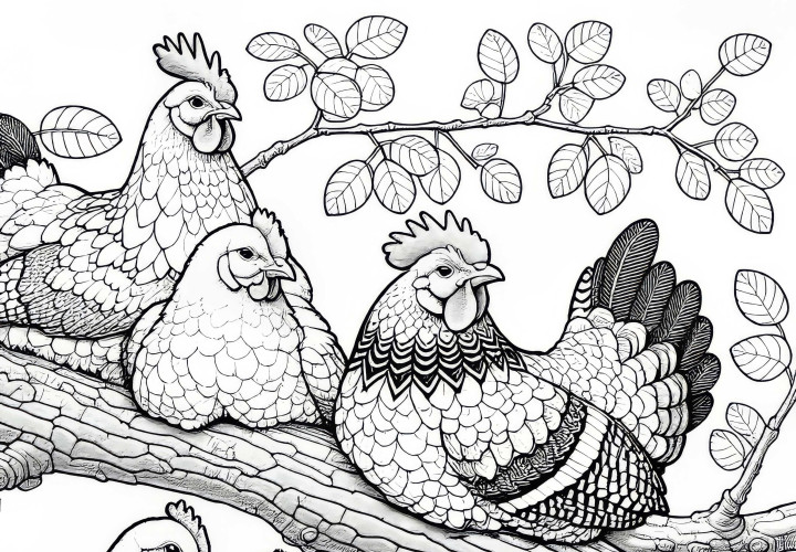 Pollos en una rama: Dibujo para colorear para descargar (Gratis) Pollos en una rama: Imagen para colorear para descargar (Gratis)