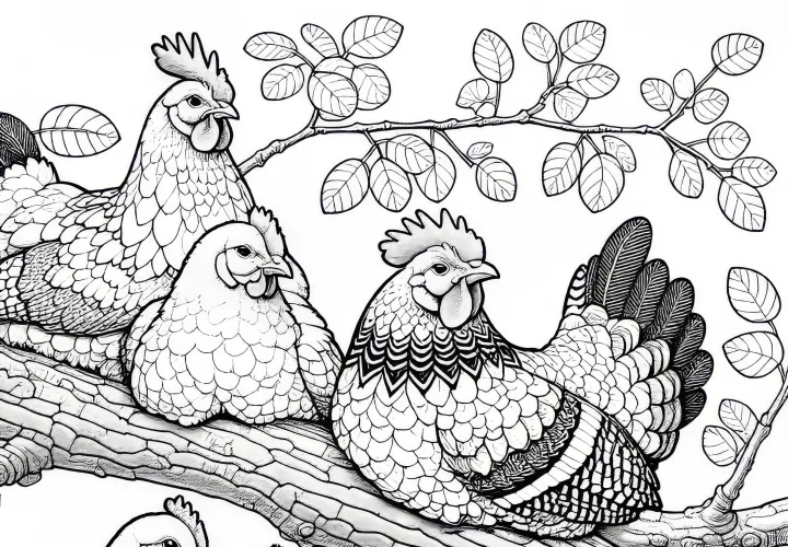 Pollos en una rama: Imagen para colorear para descargar (Gratis)