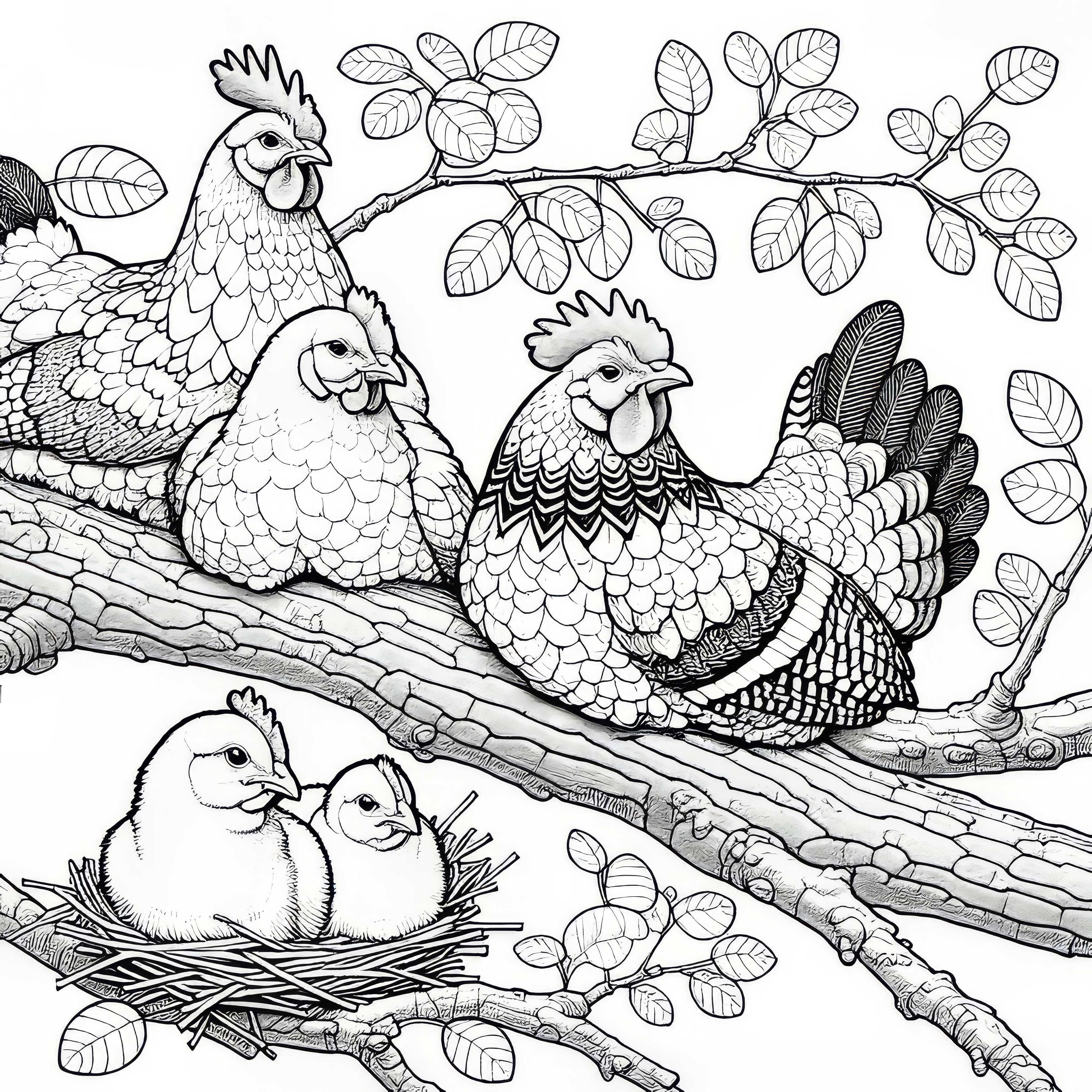 Pollos en una rama: Dibujo para colorear para descargar (Gratis)