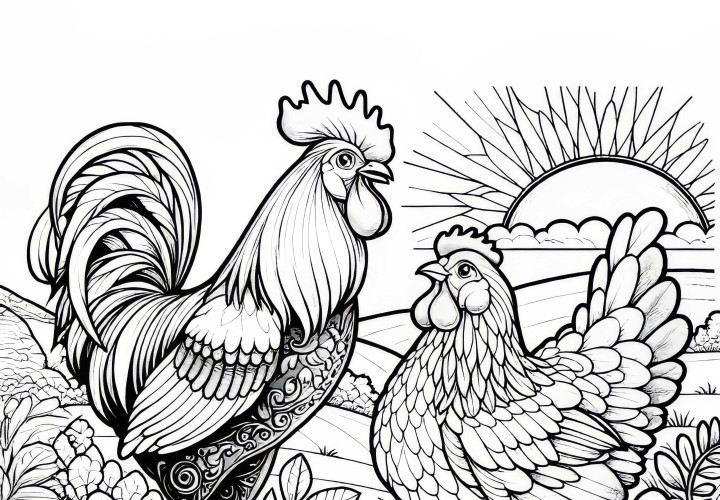 Gallo y gallina: Plantilla para colorear de alta calidad (Gratis) Gallo y gallina: Plantilla para colorear de alta calidad (Gratis)
