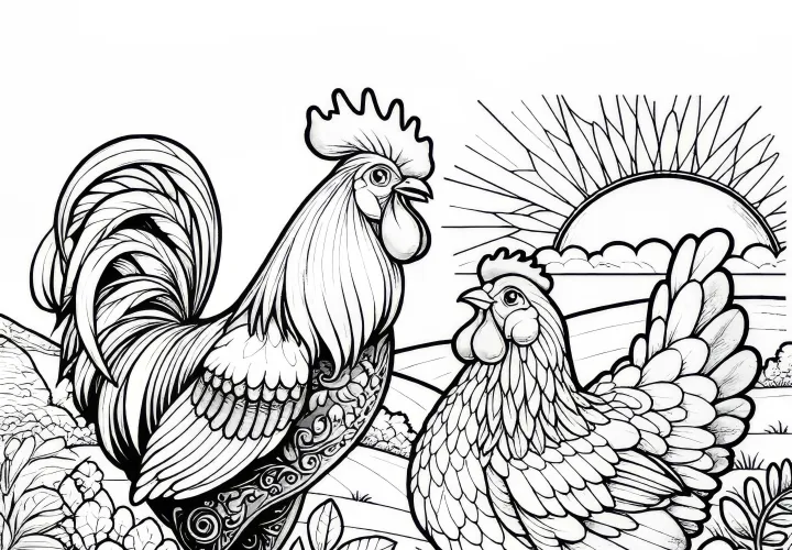 Gallo y gallina: Plantilla para colorear de alta calidad (Gratis)