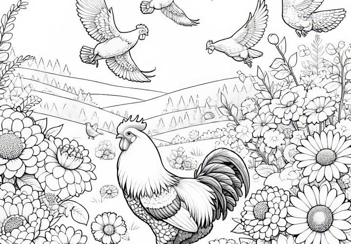 Gallos en campo de flores: Plantilla para colorear para descargar (Gratis) Gallo en pradera de flores: Plantilla para colorear para descargar (Gratis)