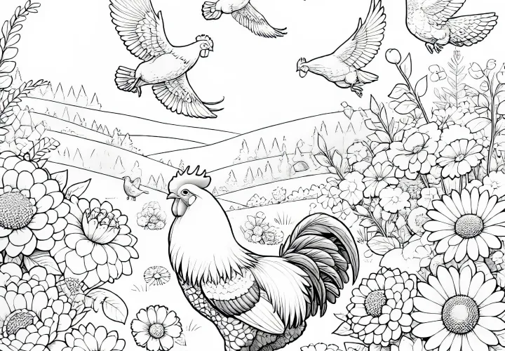 Gallo en pradera de flores: Plantilla para colorear para descargar (Gratis)