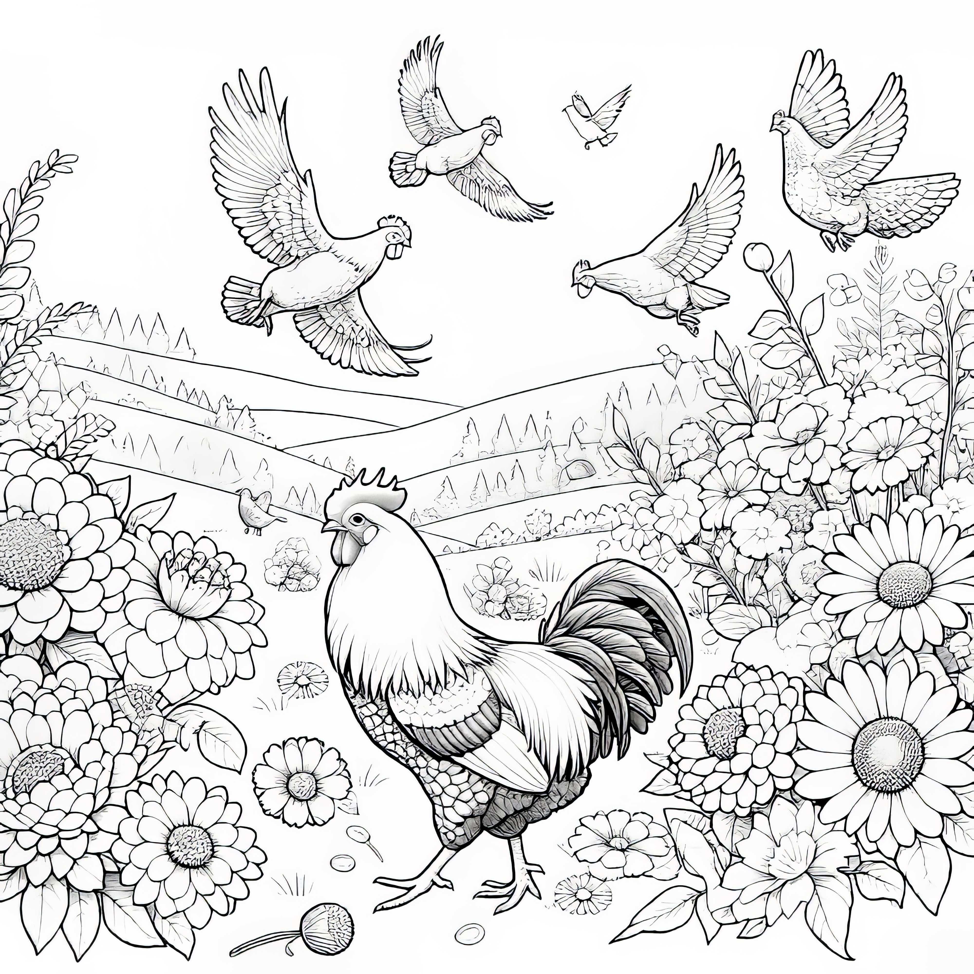 Gallo en el prado de flores: plantilla para colorear para descargar (Gratis)