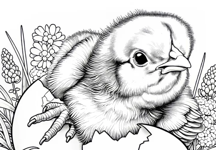 El pollito sale del huevo: Plantilla de dibujo detallada (Gratis)