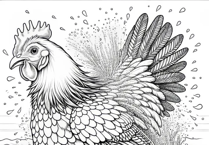Gallina se sacude después del baño de arena: Plantilla para colorear (Gratis)