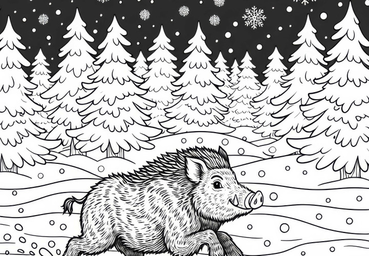 Wildschwein rennt durch verschneiten Wald: Einfaches Ausmalbild (Kostenlos)