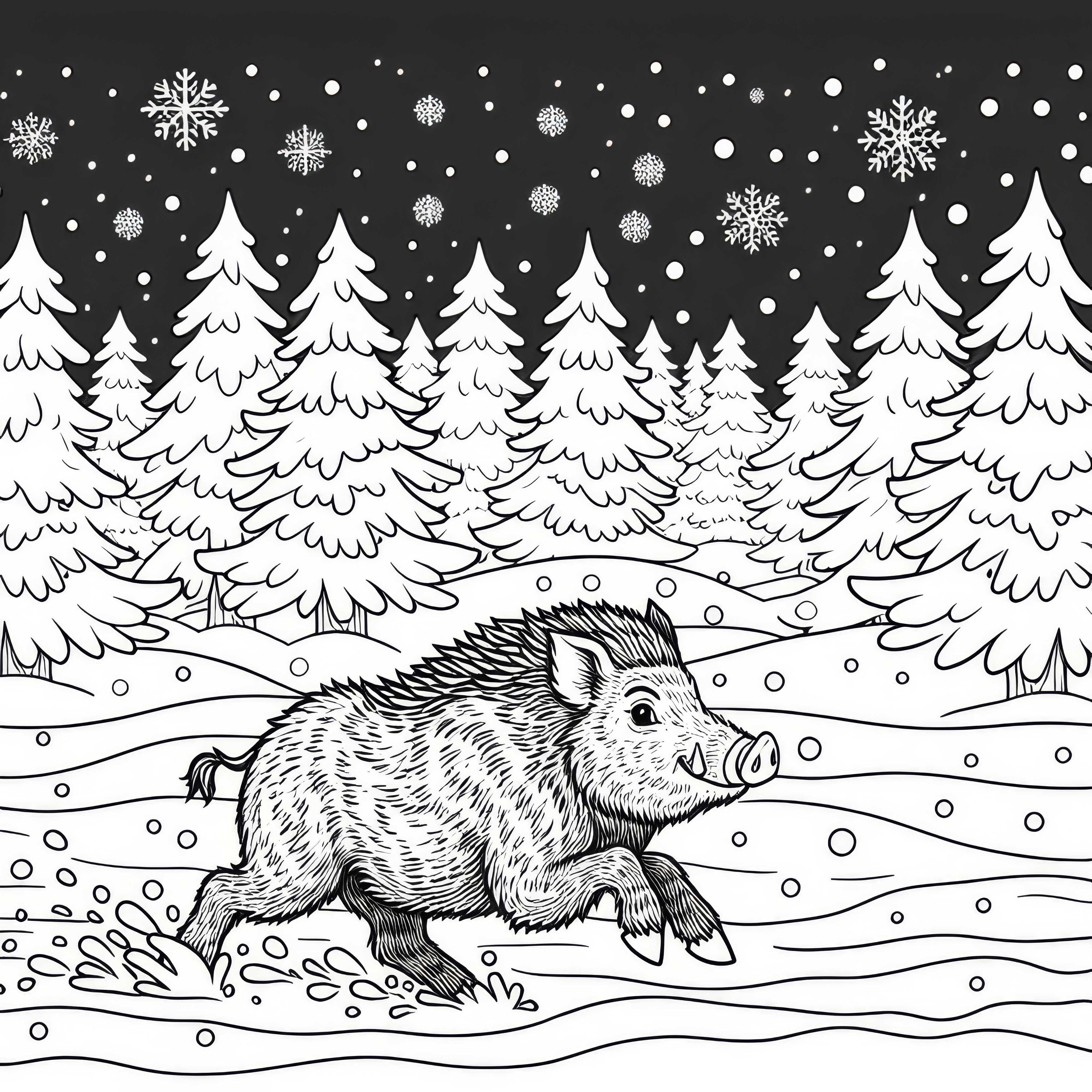 Wildschwein rennt durch verschneiten Wald: Einfaches Ausmalbild (Kostenlos)