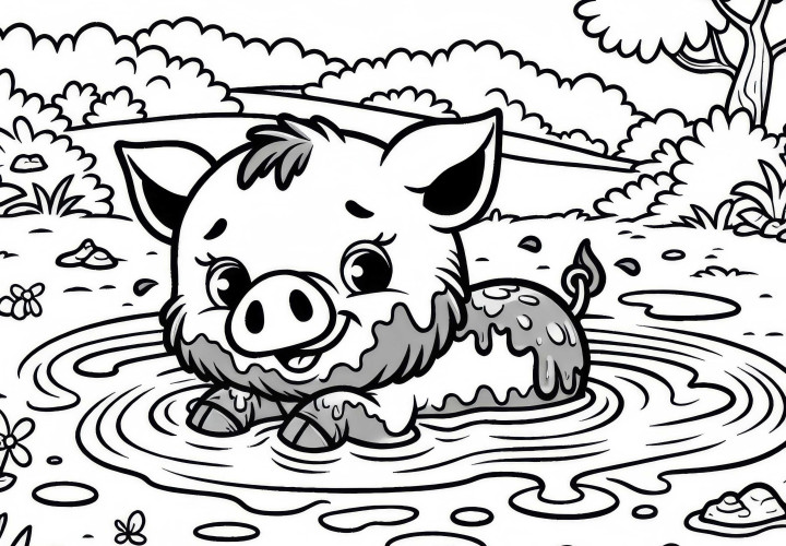 Wildschwein nimmt Schlammbad: Einfaches Ausmalbild (Kostenlos)