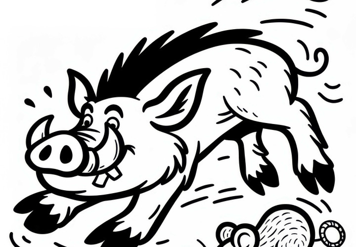 Wildschwein rennt mit Maus um die Wette: Einfaches Ausmalbild (Gratis)