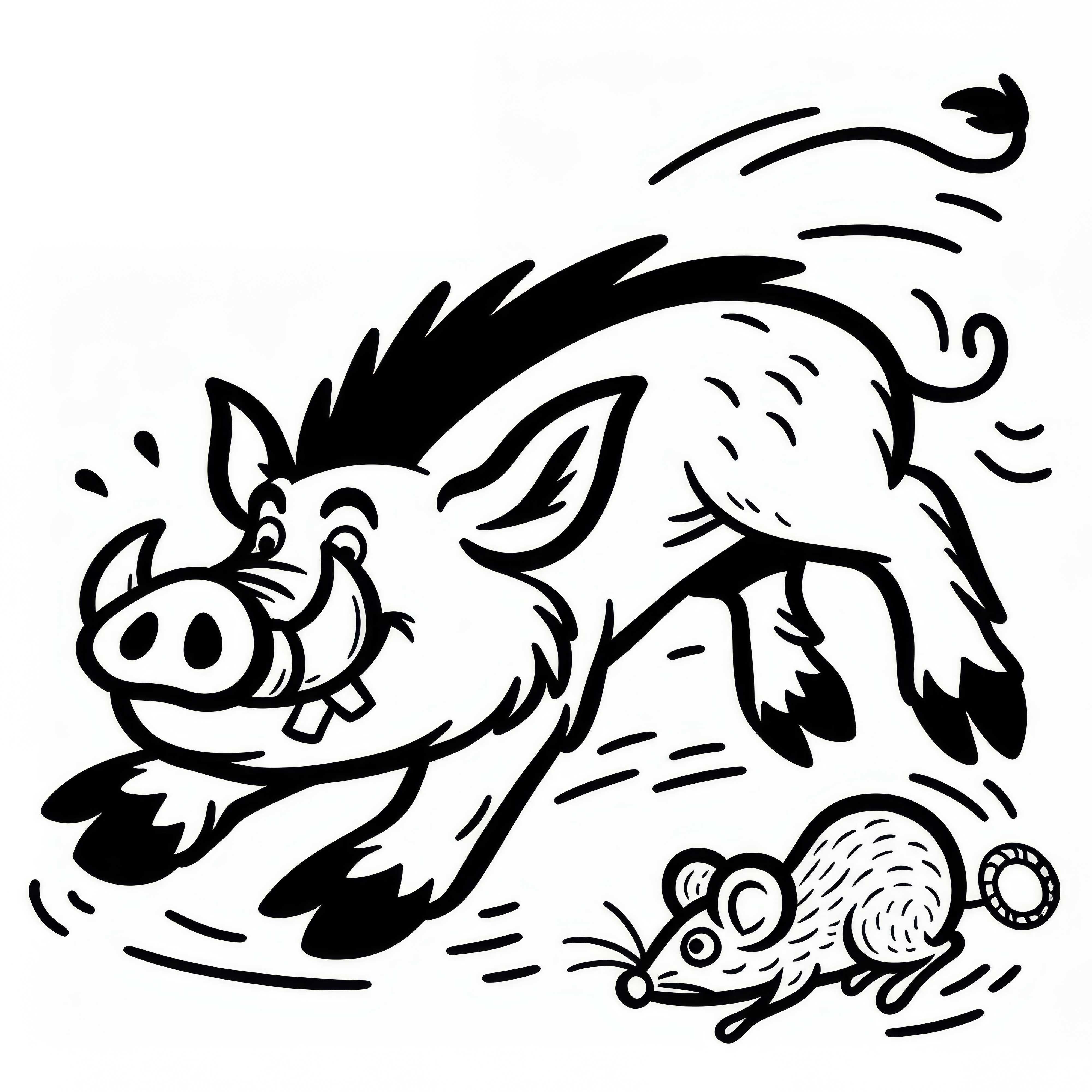 Wildschwein rennt mit Maus um die Wette: Einfaches Ausmalbild (Gratis)