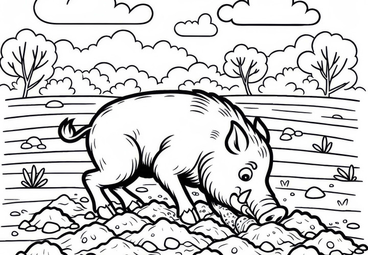 Wildschwein gräbt mit Schnauze tiefe Furchen im Boden: Einfache Malvorlage (Gratis) Wildschwein gräbt mit Schnauze tiefe Furchen im Boden: Einfache Malvorlage (Gratis)