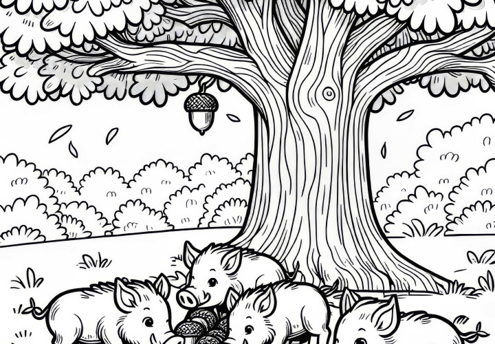 Wildschweine fressen Eicheln unter einem Baum: Einfache Malvorlage (Kostenlos) Wildschweine fressen Eicheln unter einem Baum: Einfache Malvorlage (Kostenlos)