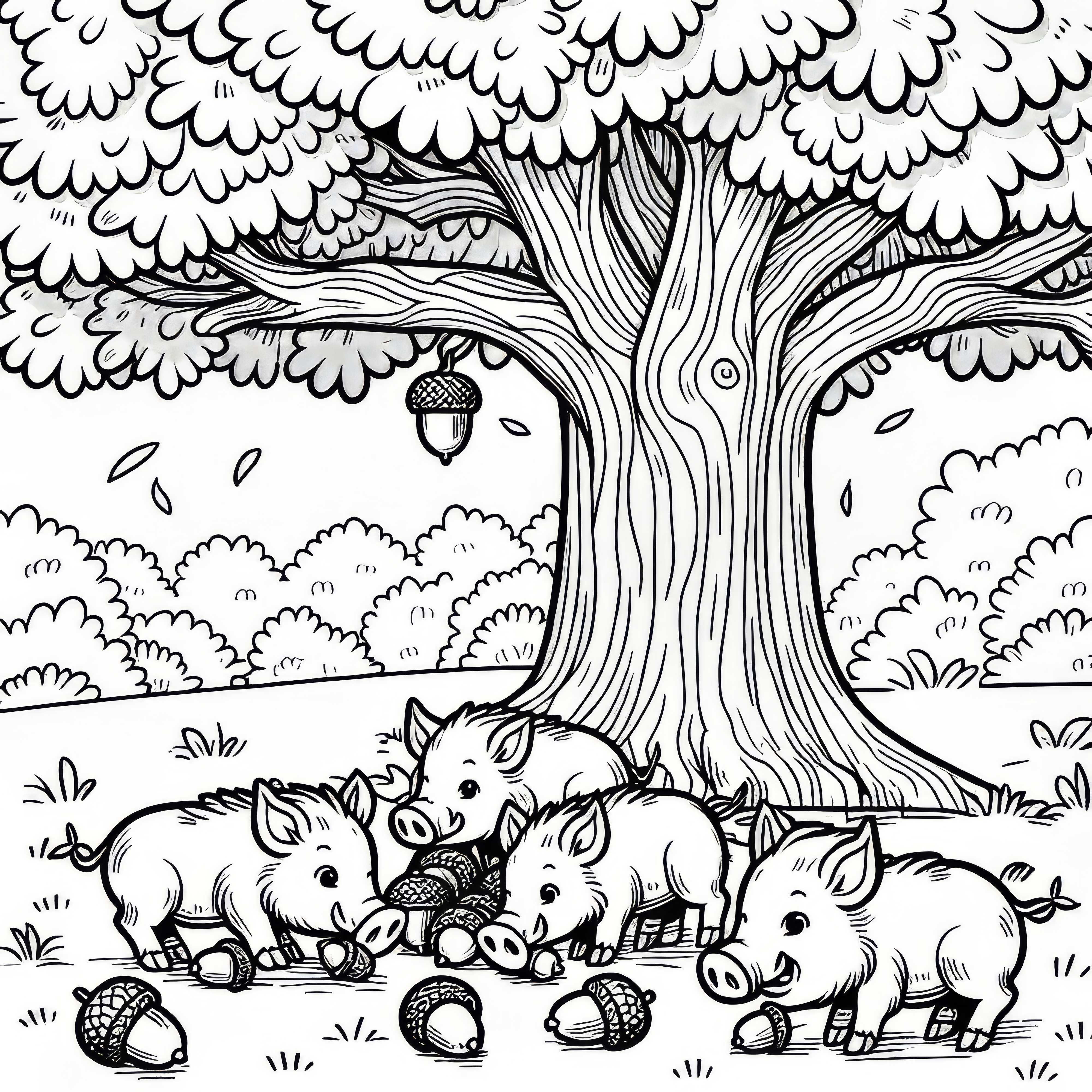 Wildschweine fressen Eicheln unter einem Baum: Einfache Malvorlage (Kostenlos)