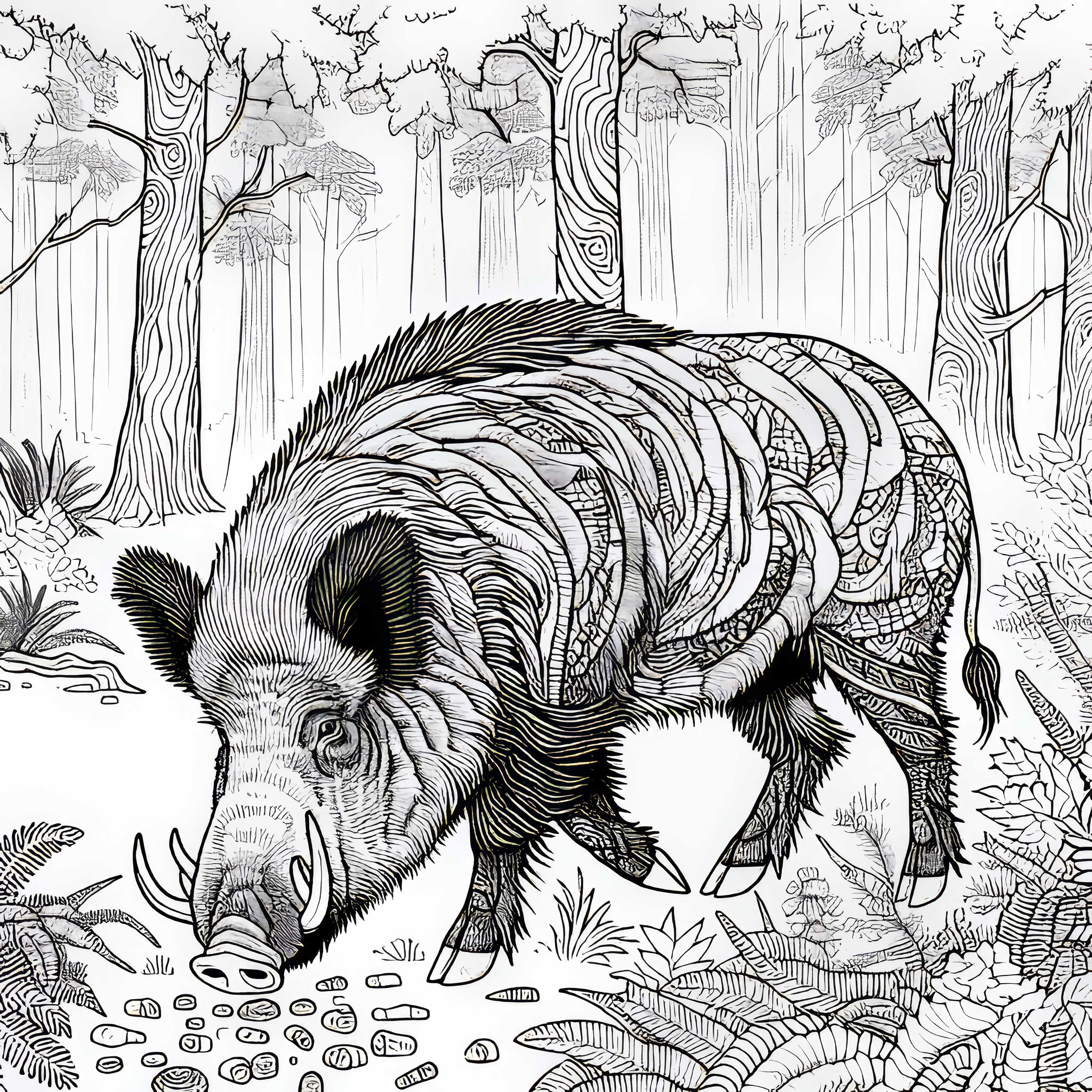 Large wild boar rummages through forest floor for food: Free coloring page