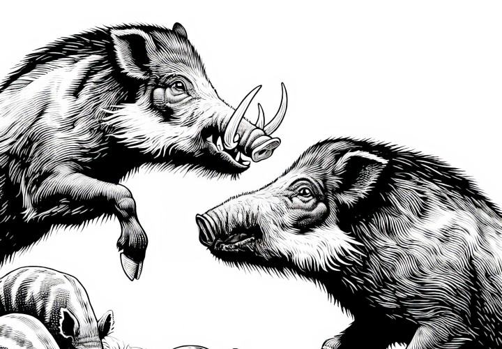 Wildschweine kämpfen mit ihren Hauern: Detailreiche Malvorlage (Gratis)