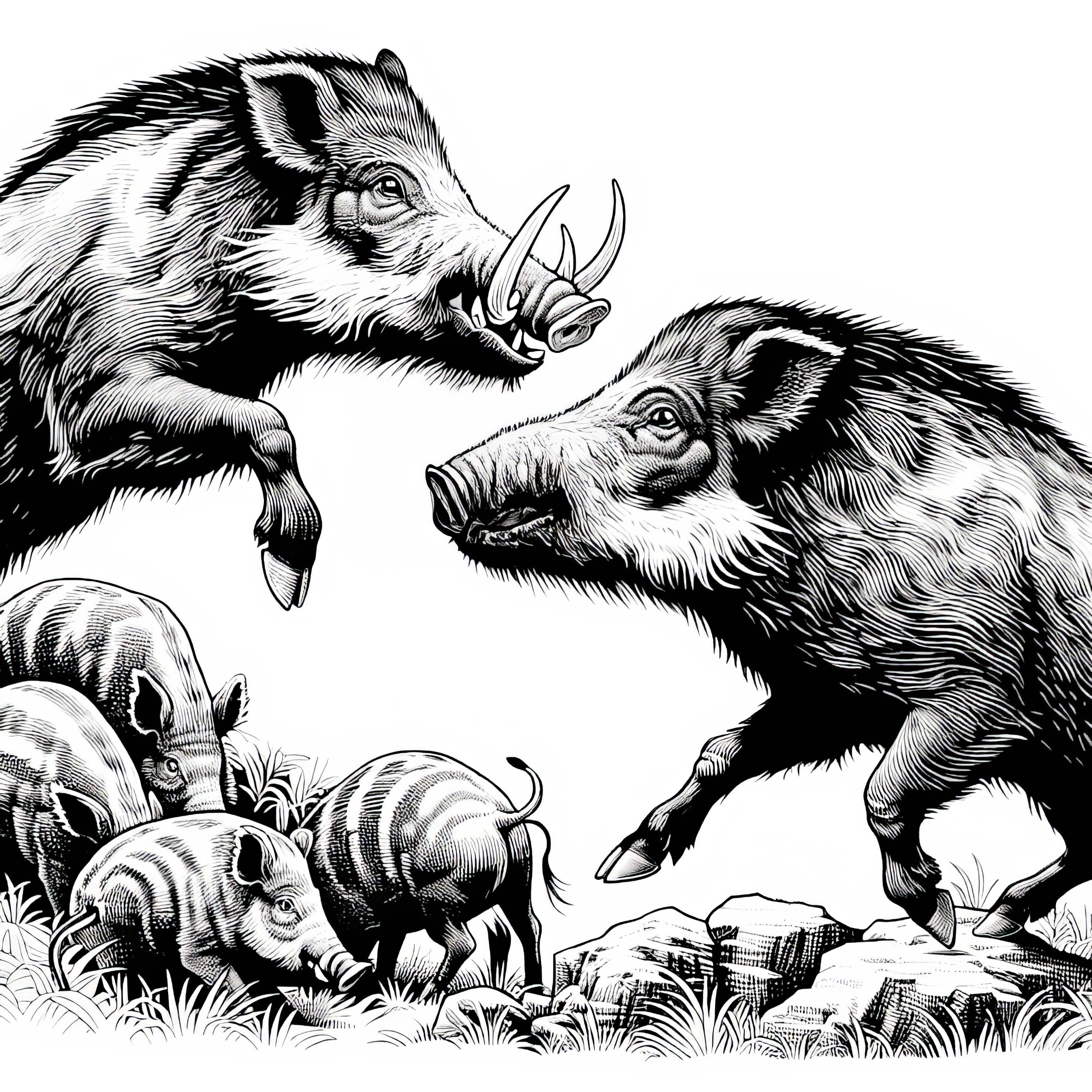 Wildschweine kämpfen mit ihren Hauern: Detailreiche Malvorlage (Gratis)