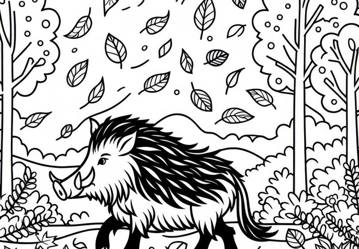 Wildschwein in herbstlicher Landschaft mit fallenden Blättern: Einfaches Ausmalbild (Kostenlos)