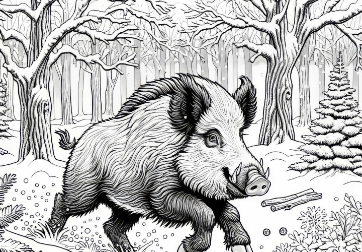 Wildschwein rennen durch verschneiten Wald: Ausmalbild zum Herunterladen (Gratis)