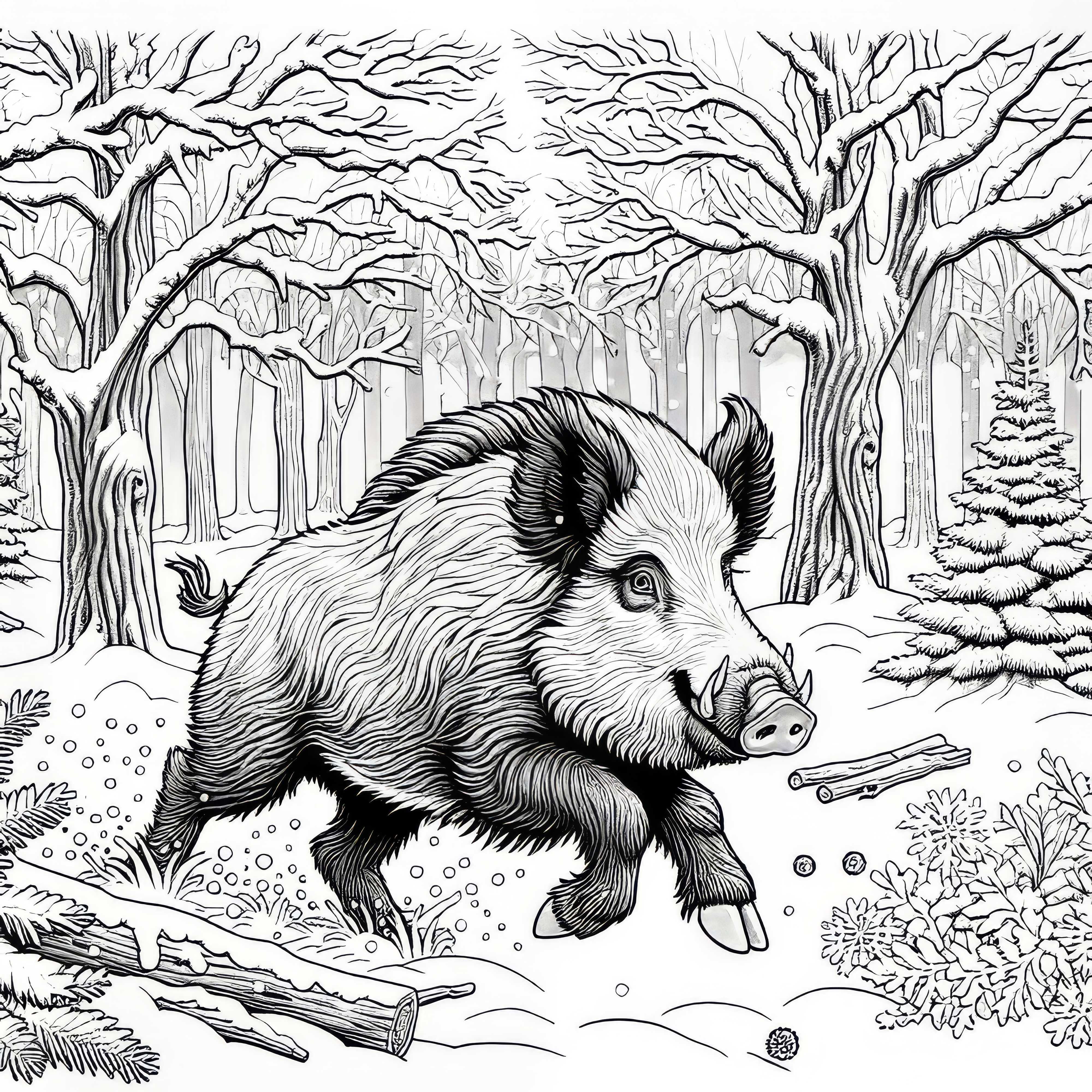 Wild boars running through a snowy forest: Coloring page to download (Free)