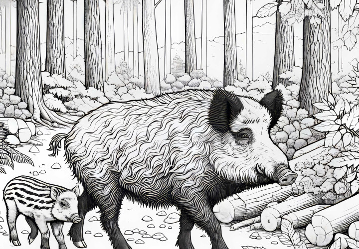 Ausmalbild: Wildschwein-Bache läuft mit Frischling durch den Wald (Kostenlos) Ausmalbild: Wildschwein-Bache läuft mit Frischling durch den Wald (Kostenlos)