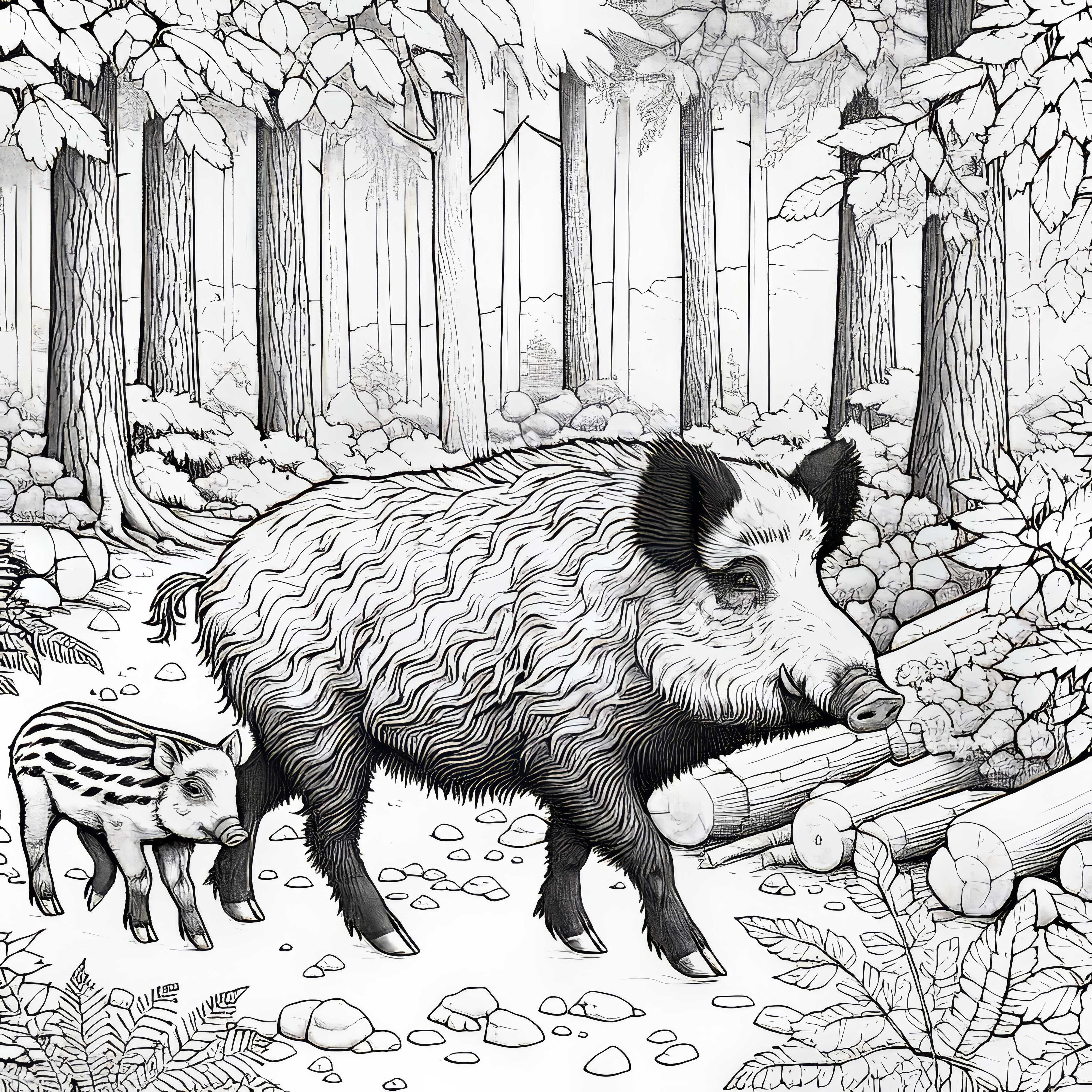 Ausmalbild: Wildschwein-Bache läuft mit Frischling durch den Wald  (Kostenlos)