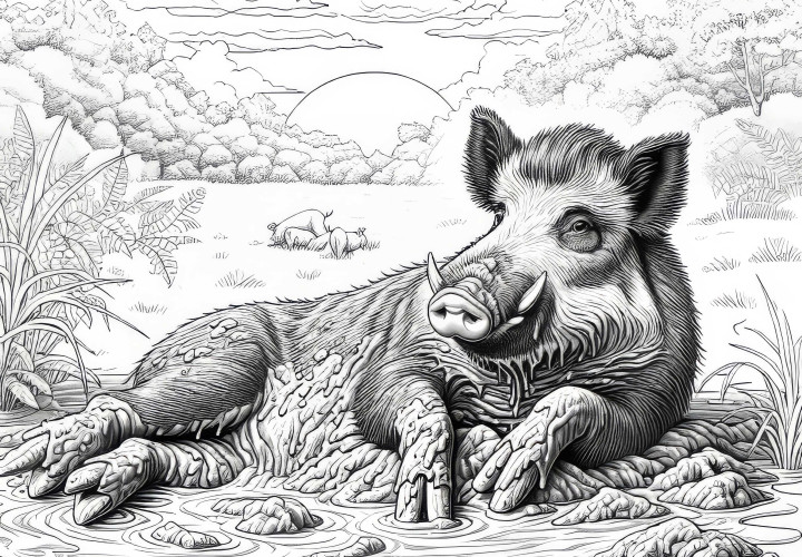 Wildschwein nimmt Schlammbad: Ausmalbild zum Ausdrucken (Gratis) Wildschwein nimmt Schlammbad: Ausmalbild zum Ausdrucken (Gratis)