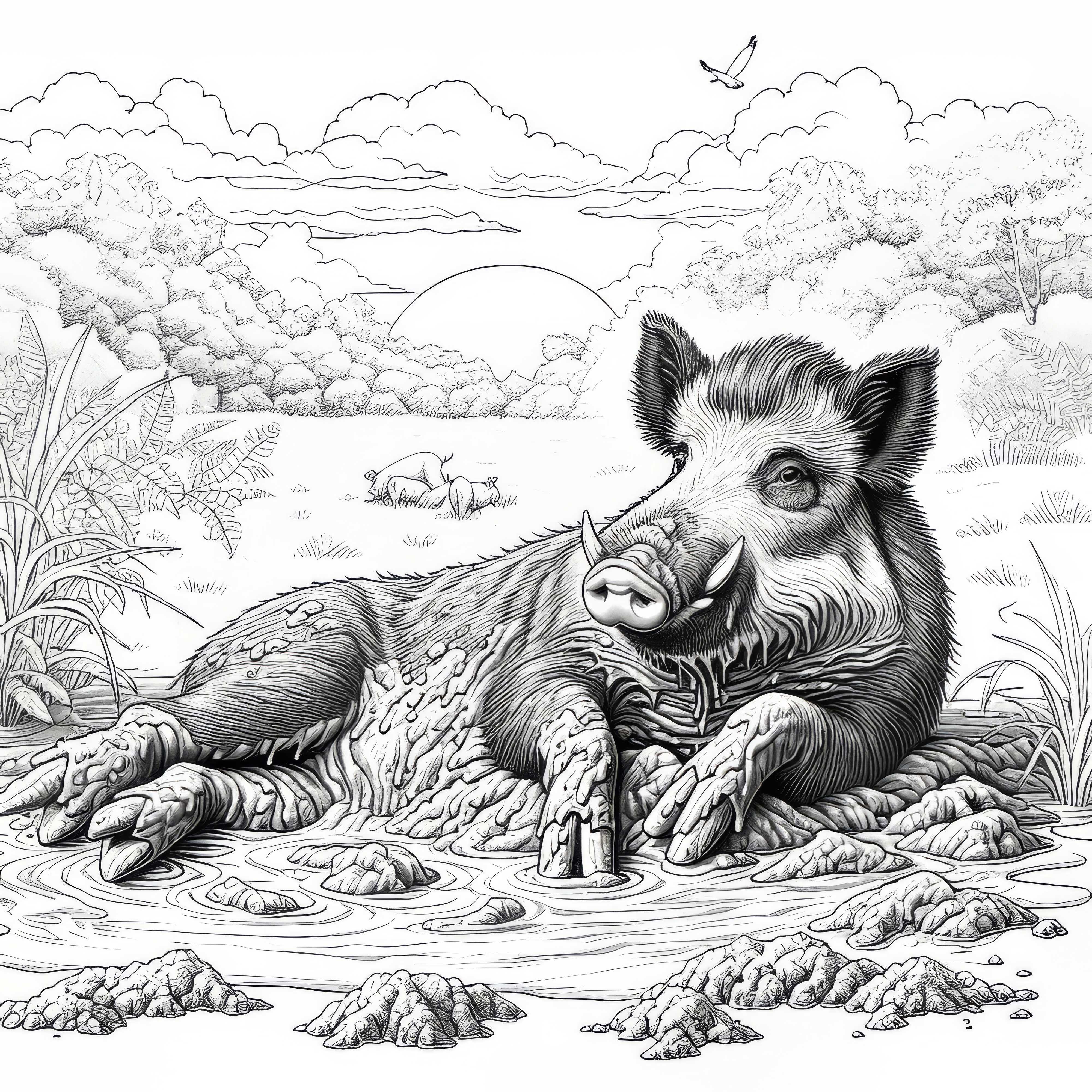 Wildschwein nimmt Schlammbad: Ausmalbild zum Ausdrucken (Gratis)