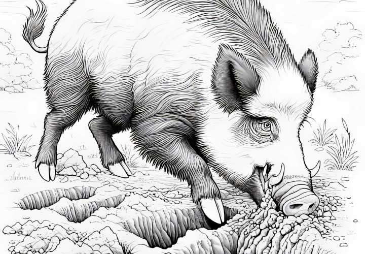 Wildschwein gräbt mit Schnauze im Boden: Kostenloses Ausmalbild Wildschwein gräbt mit Schnauze im Boden: Kostenloses Ausmalbild