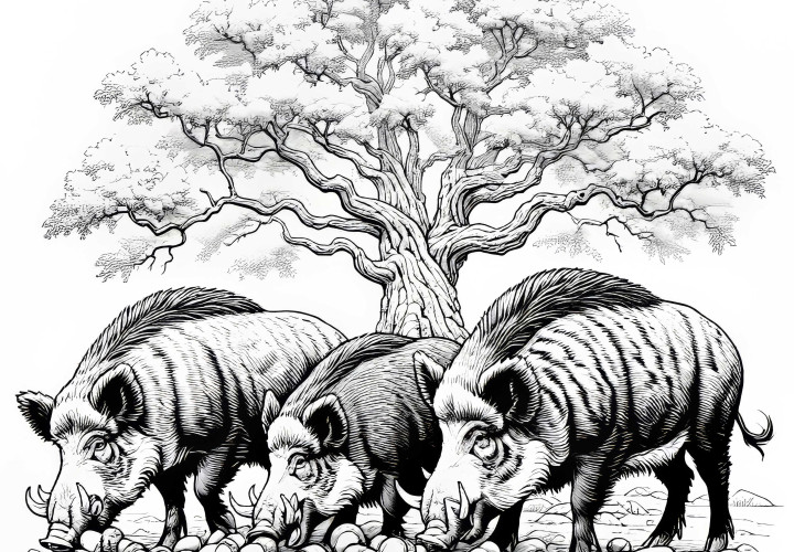 Wildschweine fressen Eicheln unter Baum: Ausmalbild zum Ausdrucken (Kostenlos) Wildschweine fressen Eicheln unter Baum: Ausmalbild zum Ausdrucken (Kostenlos)