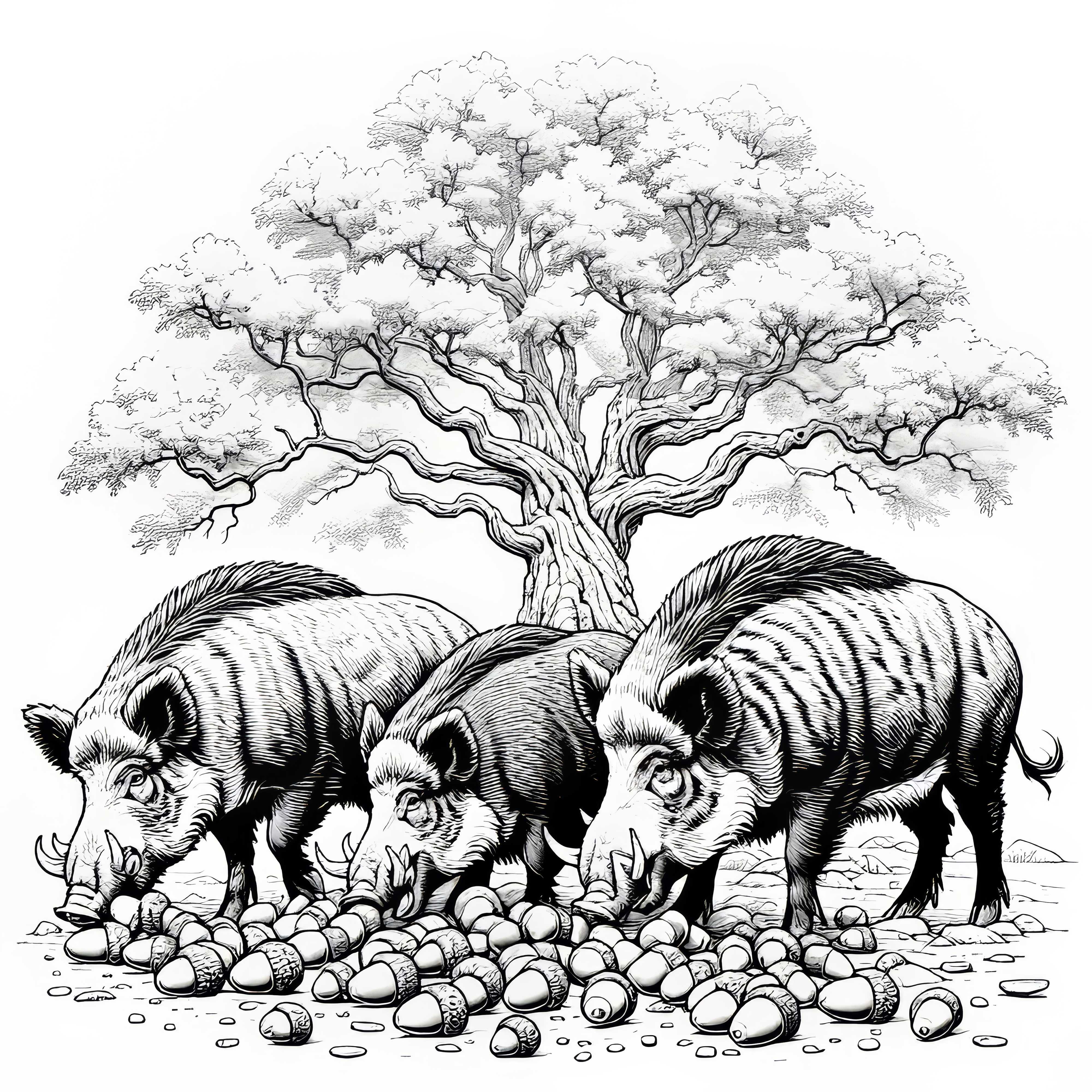 Wild boars eat acorns under a tree: Coloring page to print (Free)