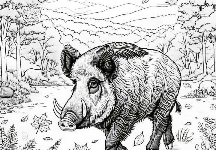 Wildschwein in herbstlicher Landschaft: Gratis Ausmalbild