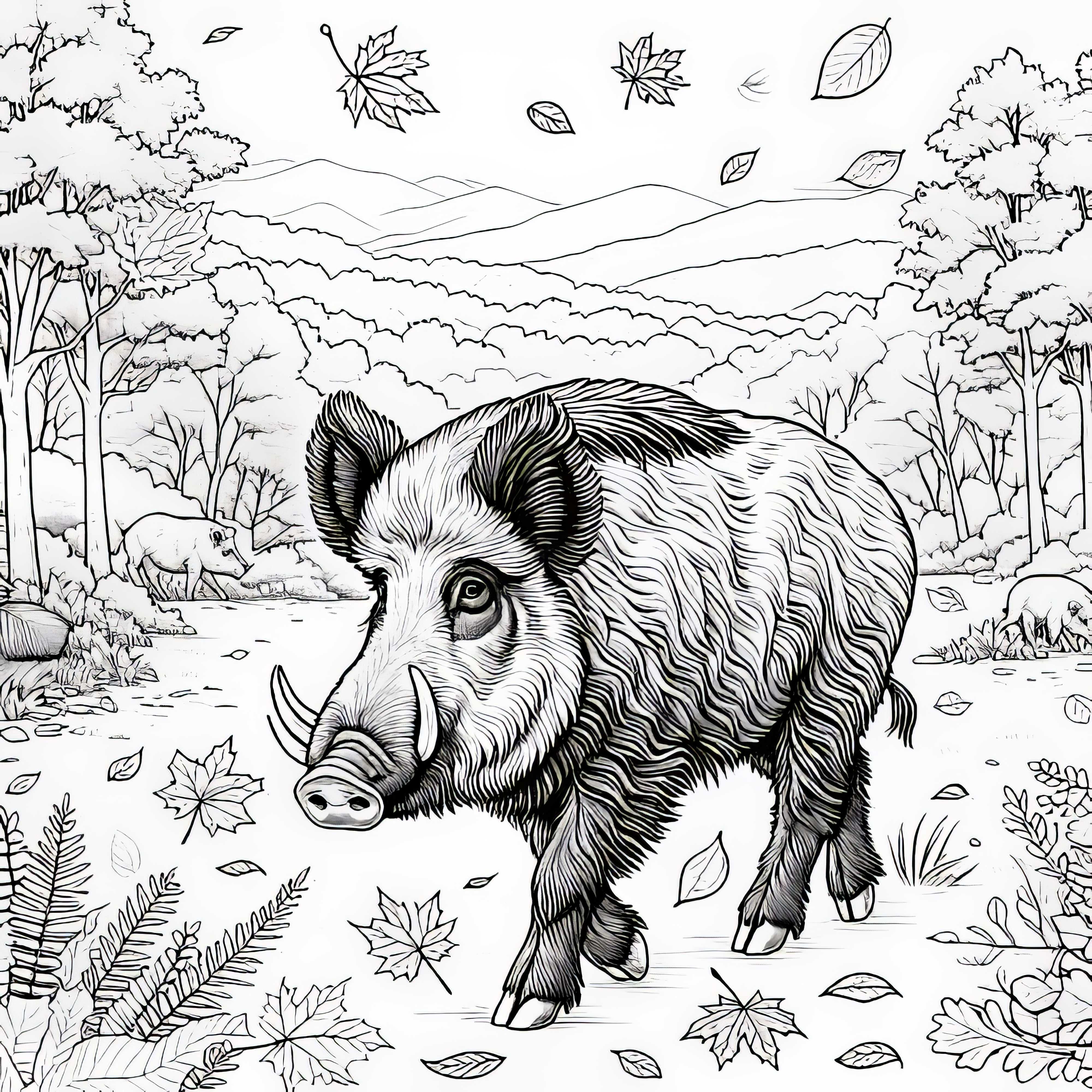 Wildschwein in herbstlicher Landschaft: Gratis Ausmalbild