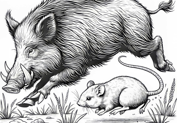 Wildschwein jagt Maus: Ausmalbild zum Herunterladen (Kostenlos)