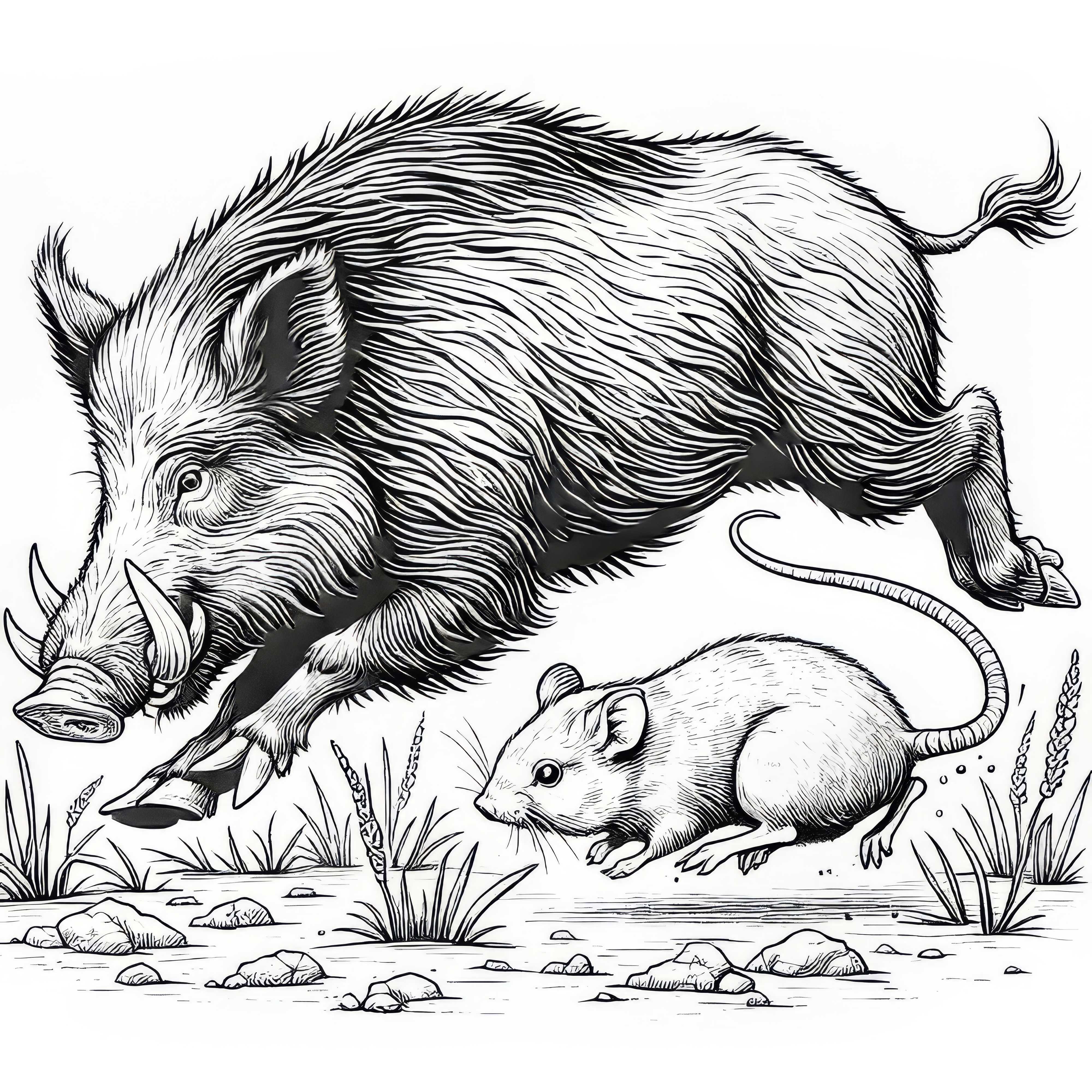 Wildschwein jagt Maus: Ausmalbild zum Herunterladen (Kostenlos)