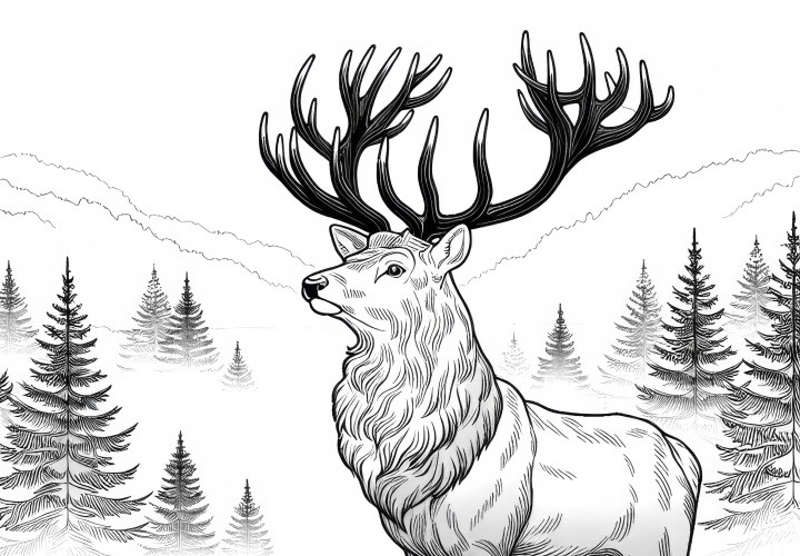 Cerf avec de grands bois dans le brouillard matinal : Modèle de coloriage simple ( gratuit) Cerf avec de grands bois dans la brume matinale : Modèle de coloriage simple (Gratuit)