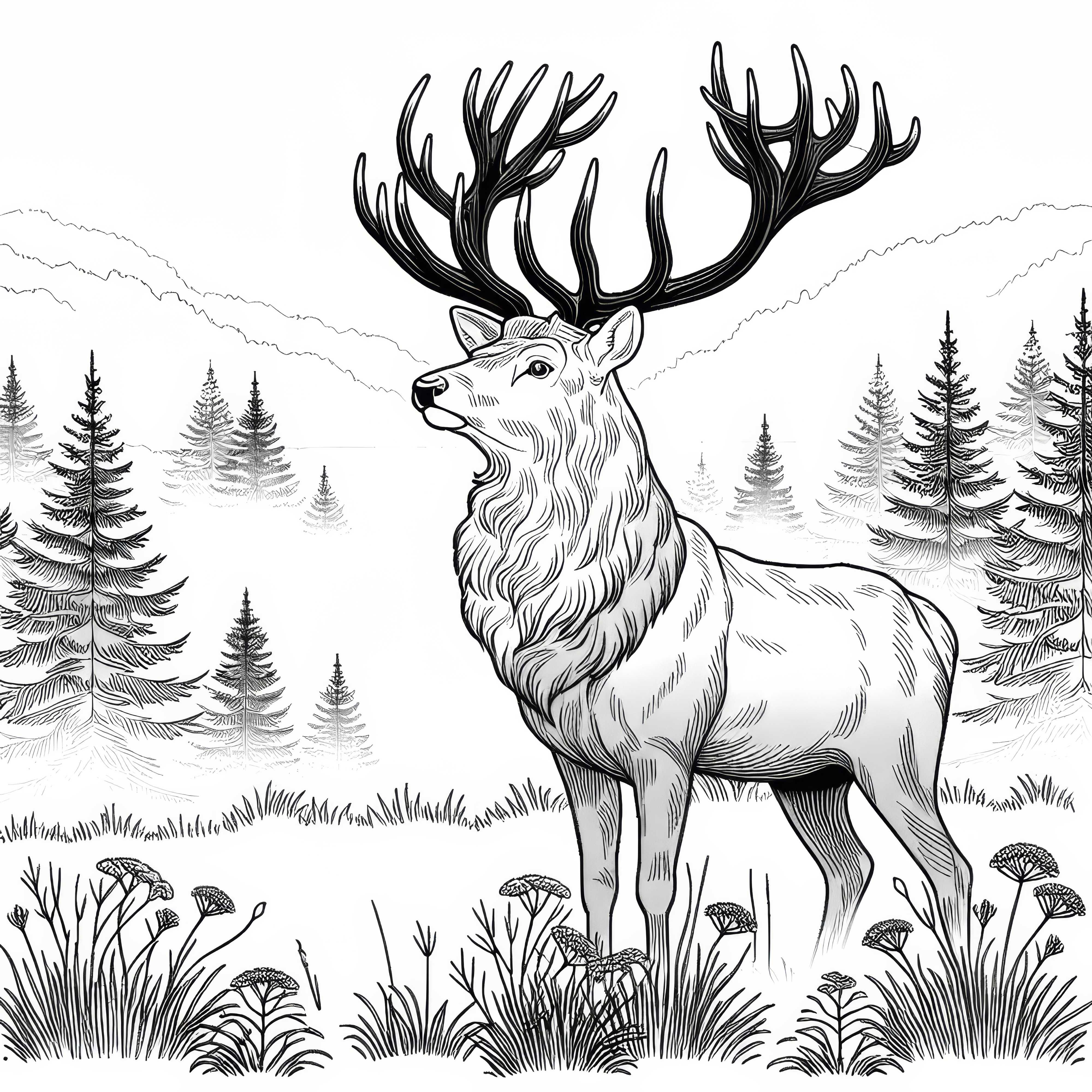 Cerf avec de grands antlers dans le brouillard matinal : Modèle de coloriage simple (Gratuit)