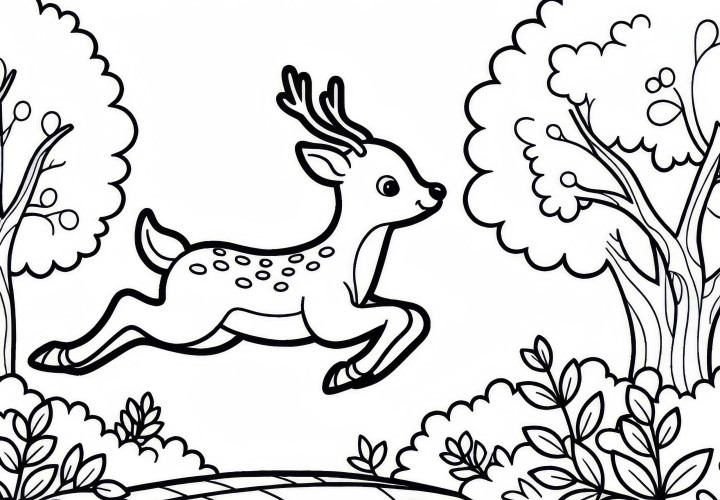 Le cerf saute élégamment par-dessus le ruisseau : Dessin à colorier gratuit Cerf saute élégamment par-dessus le ruisseau : Dessin à colorier gratuit