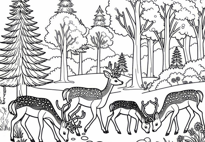 Famiglia di cervi pascola in una radura nel bosco: Disegno da colorare semplice (Gratis) Famiglia di cervi al pascolo su radura nel bosco: Disegno da colorare semplice (Gratis)