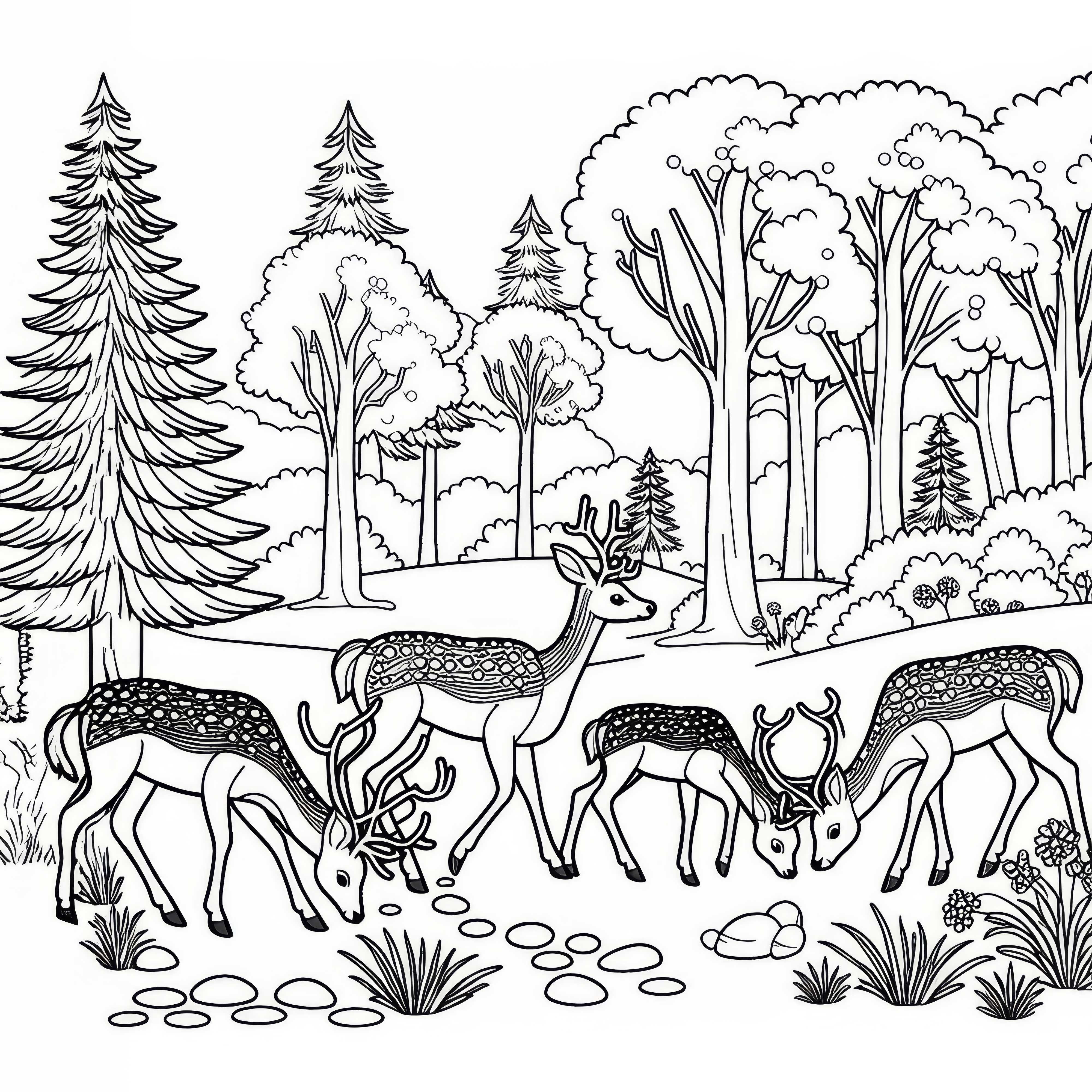 La famiglia di cervi pascola in un radura nel bosco: semplice disegno da colorare (gratis)