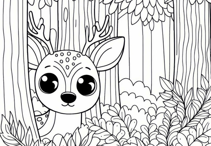 Cervo guarda curioso da un bosco: Immagine da colorare semplice (Gratis) Un cervo guarda curiosamente da una foresta: Disegno da colorare semplice (Gratis)