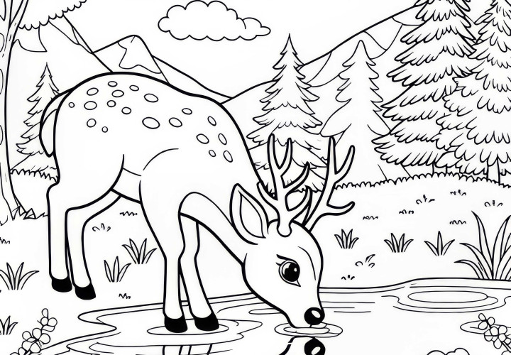 Le cerf boit à l'étang de la forêt : Modèle de coloriage simple (Gratuit) Un cerf boit dans le lac de la forêt : Modèle de coloriage simple ( Gratuit)
