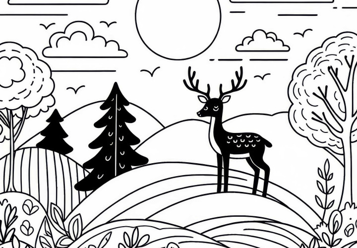 Cerf sur la colline au coucher du soleil : Modèle de coloriage simple (Gratuit) Cerf sur une colline au coucher du soleil : Modèle de coloriage simple ( Gratuit)