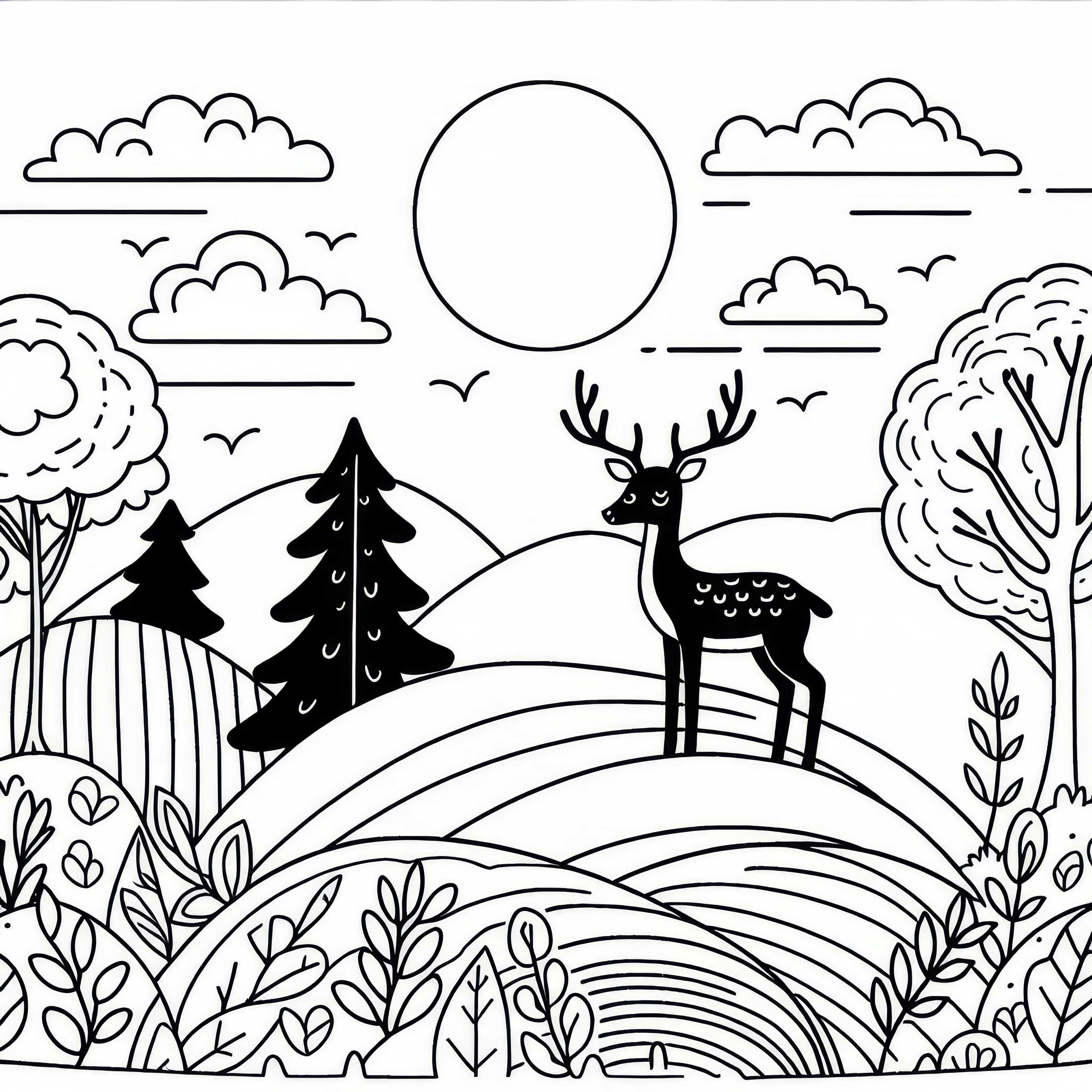 Cerf sur la colline au coucher du soleil : Modèle de coloriage simple (Gratuit)