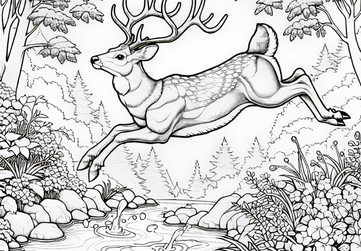 Elegante cervo salta sopra un piccolo ruscello: Modello da colorare gratuito Elegante cervo salta oltre un piccolo ruscello: Modello di disegno gratuito